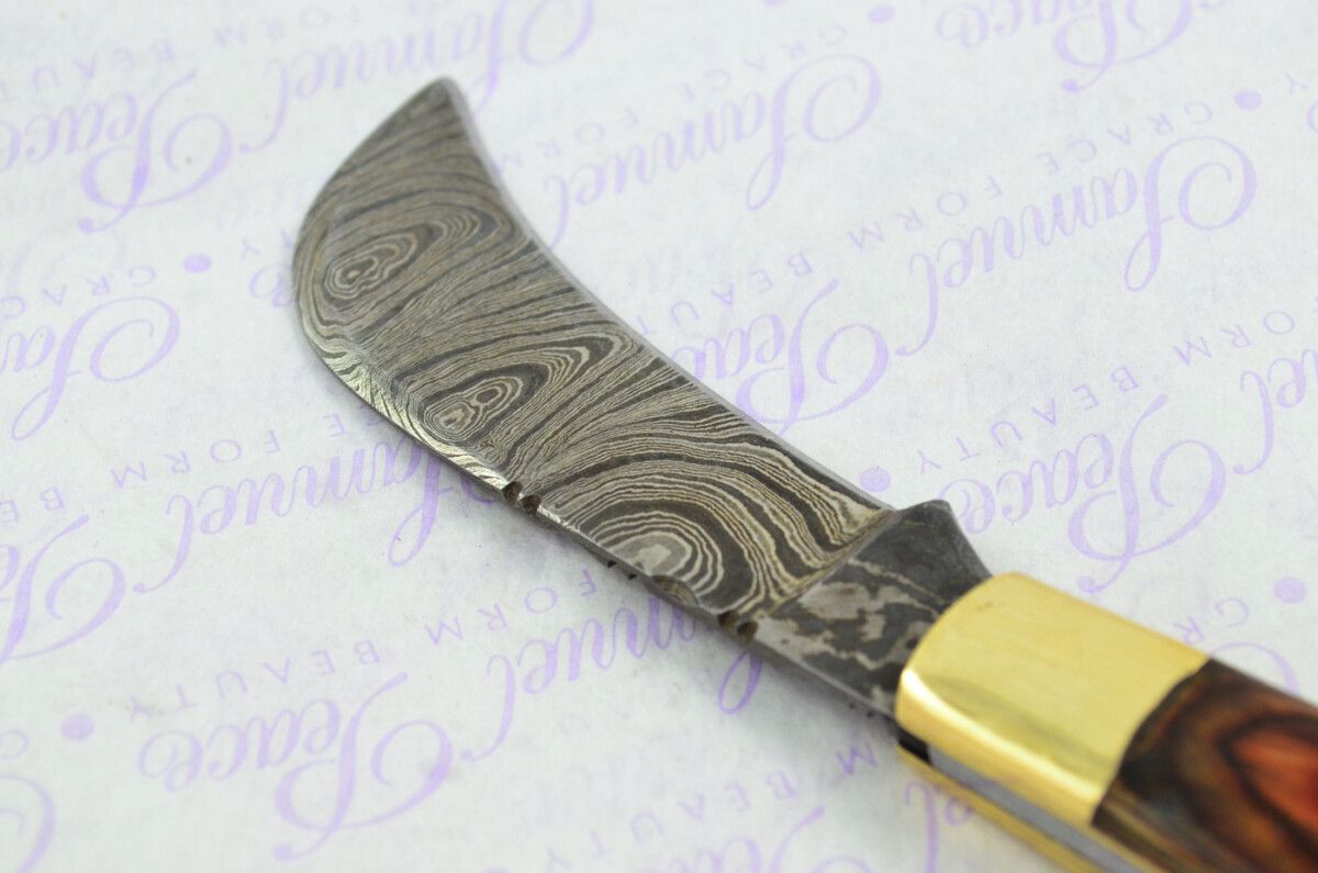 A Handmade Damascus Steel Pruning Pen/Pocket Knife - Brown Laminate Wood Scales - Image 3