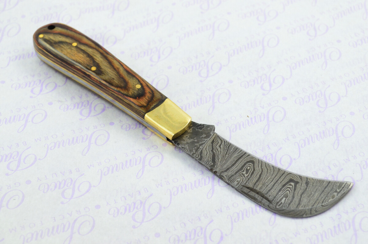 A Handmade Damascus Steel Pruning Pen/Pocket Knife - Brown Laminate Wood Scales - Image 4