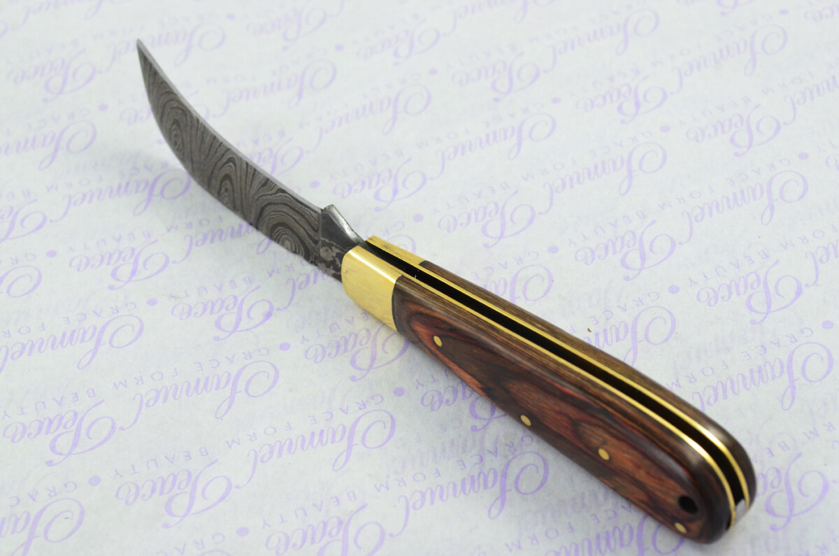 A Handmade Damascus Steel Pruning Pen/Pocket Knife - Brown Laminate Wood Scales - Image 5