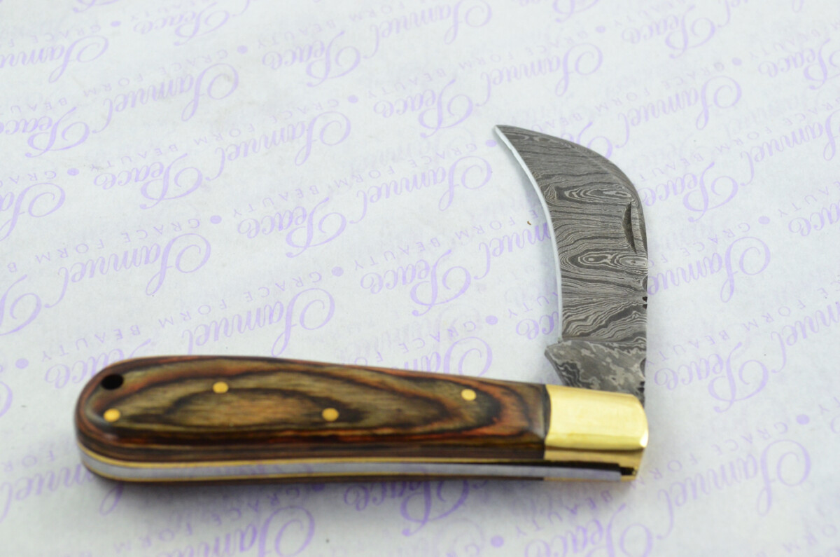 A Handmade Damascus Steel Pruning Pen/Pocket Knife - Brown Laminate Wood Scales - Image 6