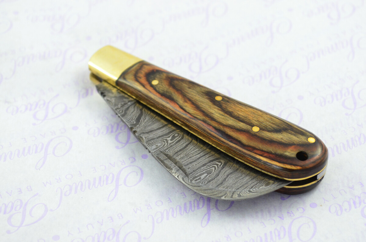 A Handmade Damascus Steel Pruning Pen/Pocket Knife - Brown Laminate Wood Scales - Image 8