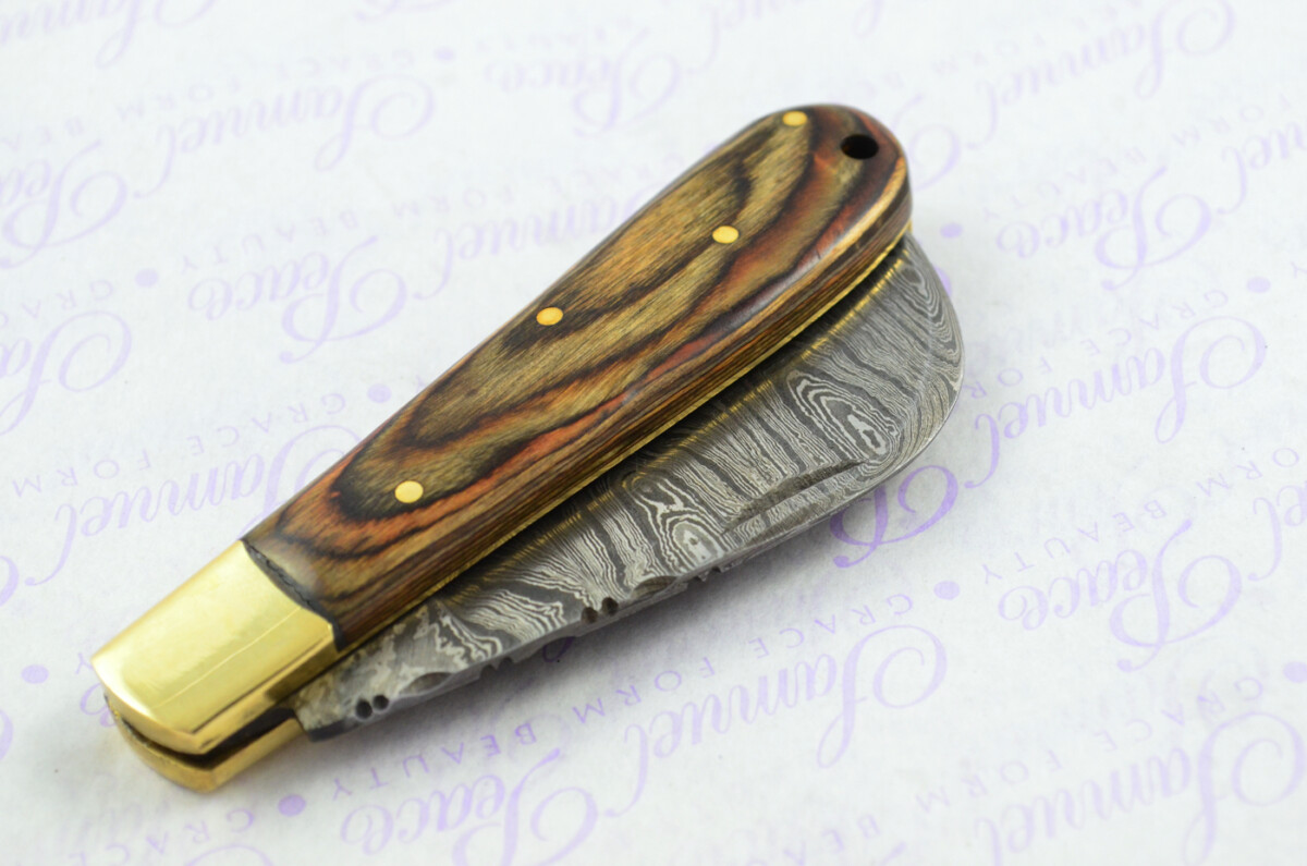 A Handmade Damascus Steel Pruning Pen/Pocket Knife - Brown Laminate Wood Scales - Image 9