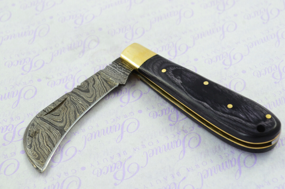 A Handmade Damascus Steel Pruning Pen/Pocket Knife - Black Stealth Wood Scales - Image 7