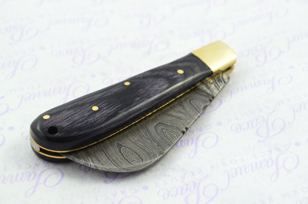 A Handmade Damascus Steel Pruning Pen/Pocket Knife - Black Stealth Wood Scales - Image 9