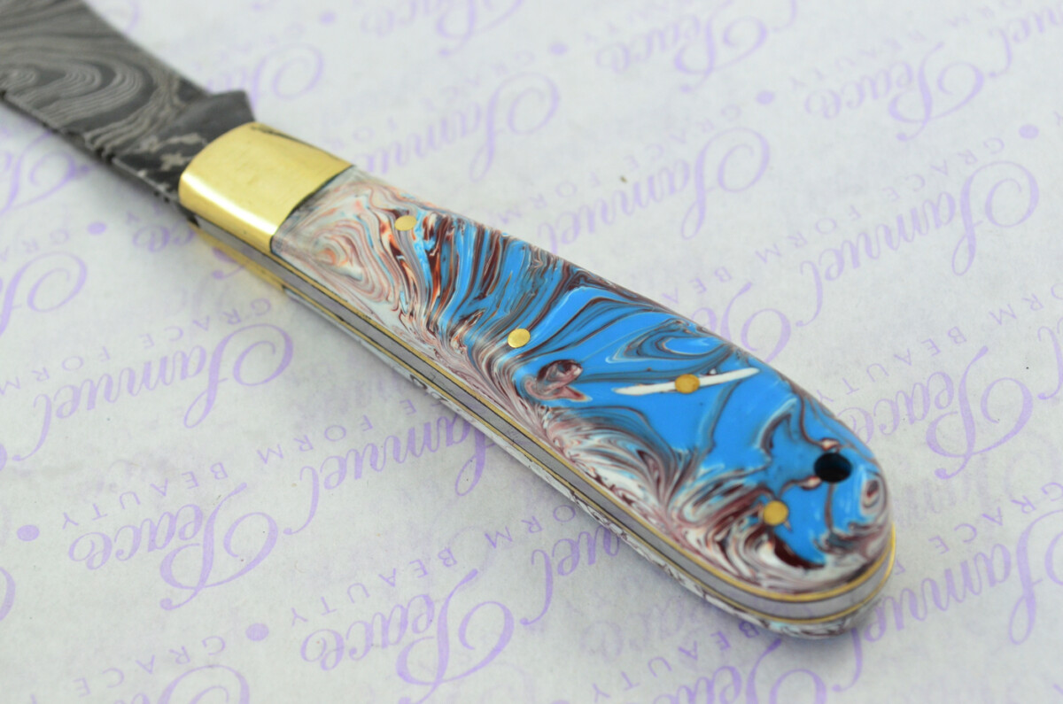 A Handmade Damascus Steel Pruning Pen/Pocket Knife - Marbled Resin Scales - Image 2