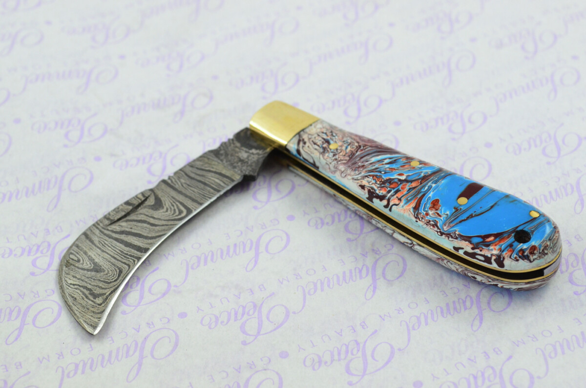 A Handmade Damascus Steel Pruning Pen/Pocket Knife - Marbled Resin Scales - Image 6