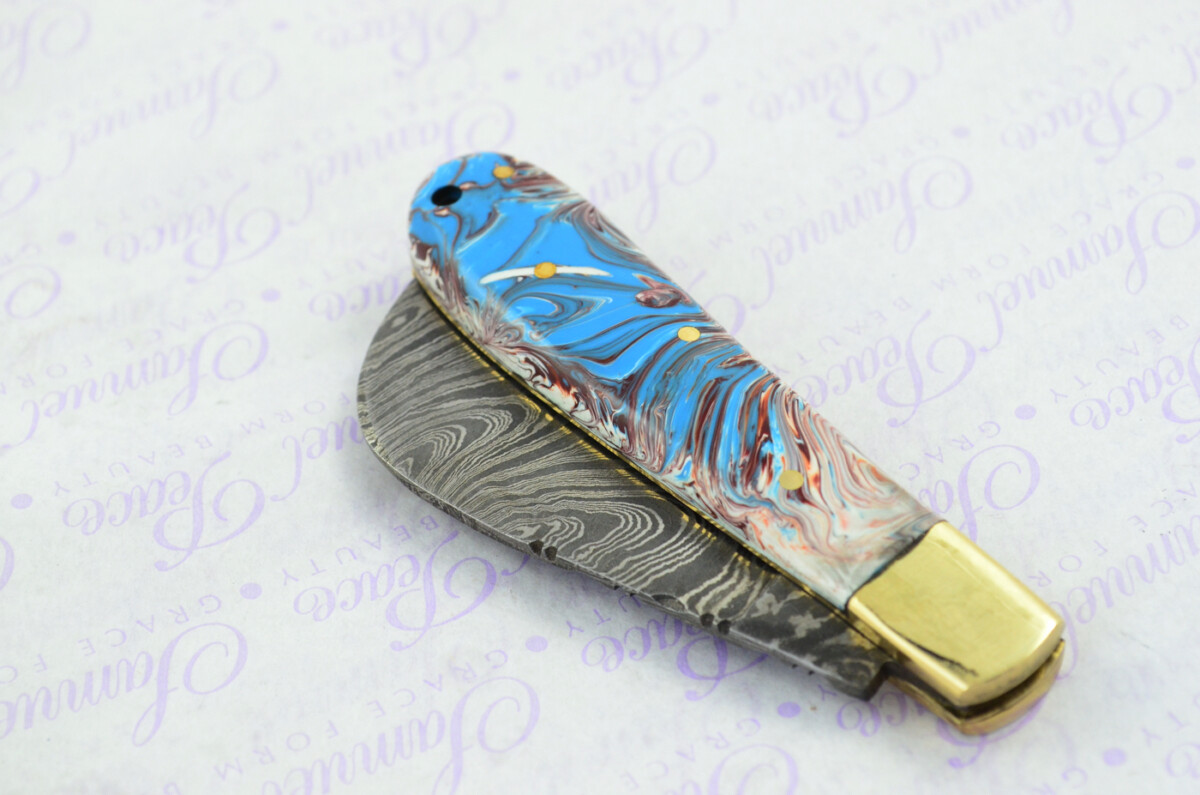 A Handmade Damascus Steel Pruning Pen/Pocket Knife - Marbled Resin Scales - Image 7
