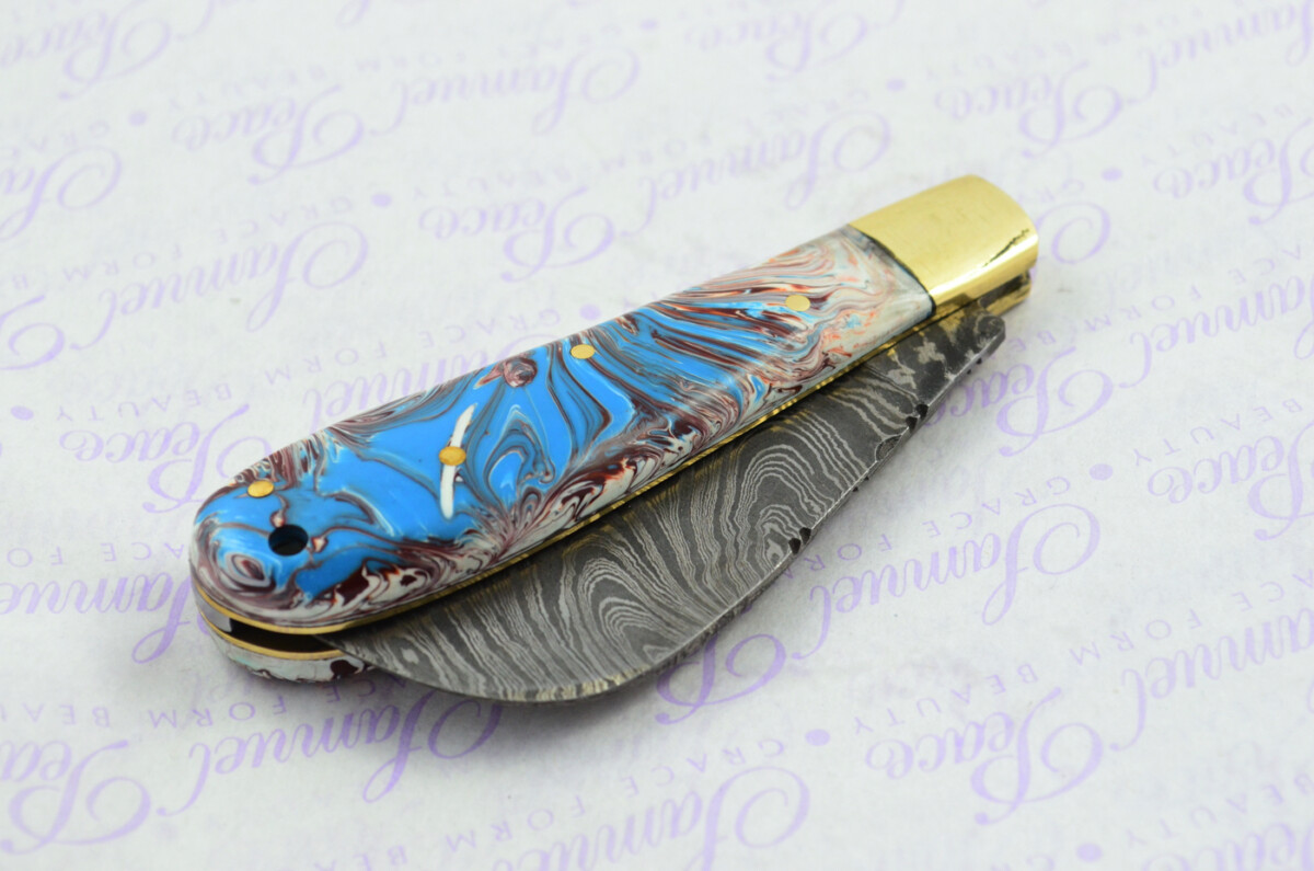 A Handmade Damascus Steel Pruning Pen/Pocket Knife - Marbled Resin Scales - Image 8