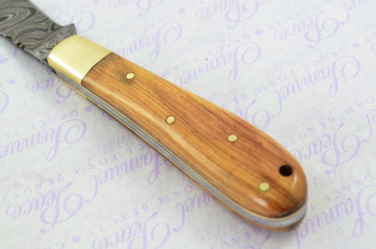 A Handmade Damascus Steel Pruning Pen/Pocket Knife - Olive Wood Scales - Image 2