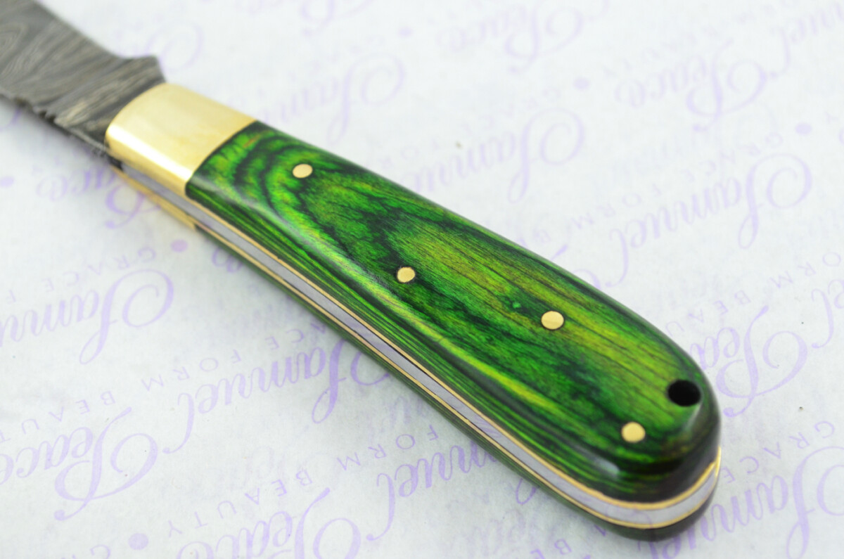 A Handmade Damascus Steel Pruning Pen/Pocket Knife - Green Laminate Wood Scales - Image 2