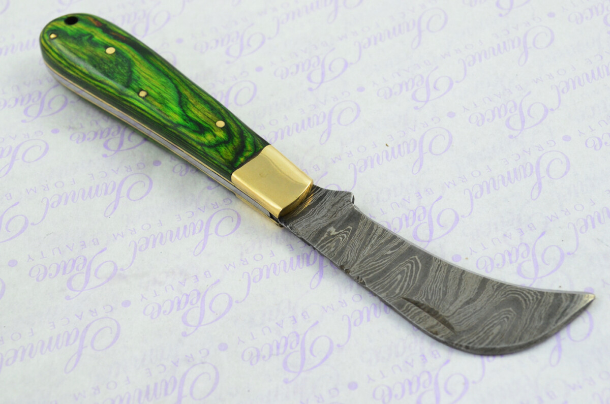 A Handmade Damascus Steel Pruning Pen/Pocket Knife - Green Laminate Wood Scales - Image 4