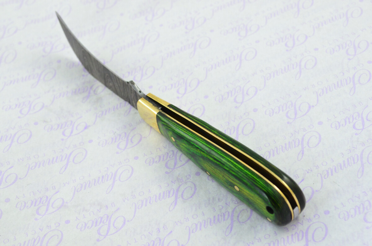 A Handmade Damascus Steel Pruning Pen/Pocket Knife - Green Laminate Wood Scales - Image 5