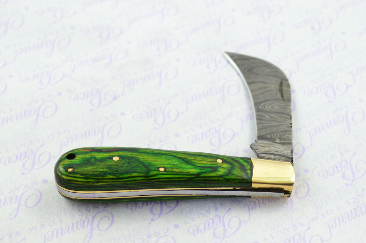 A Handmade Damascus Steel Pruning Pen/Pocket Knife - Green Laminate Wood Scales - Image 6