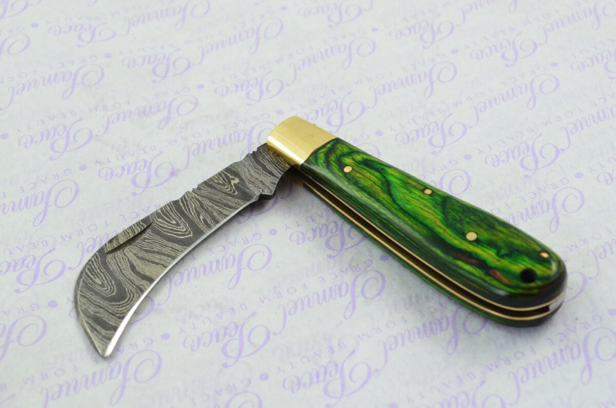 A Handmade Damascus Steel Pruning Pen/Pocket Knife - Green Laminate Wood Scales - Image 7