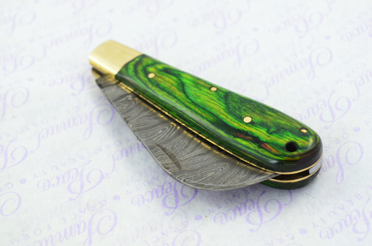 A Handmade Damascus Steel Pruning Pen/Pocket Knife - Green Laminate Wood Scales - Image 8