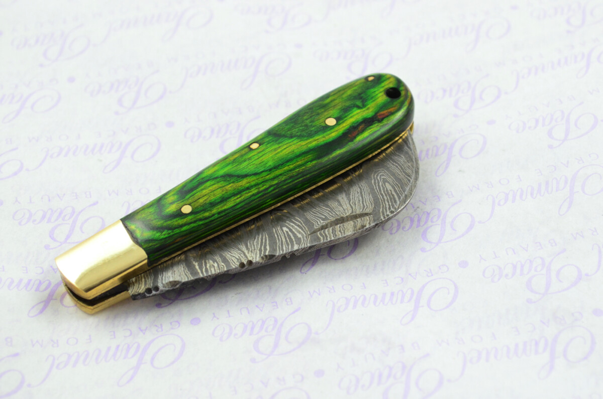 A Handmade Damascus Steel Pruning Pen/Pocket Knife - Green Laminate Wood Scales - Image 9