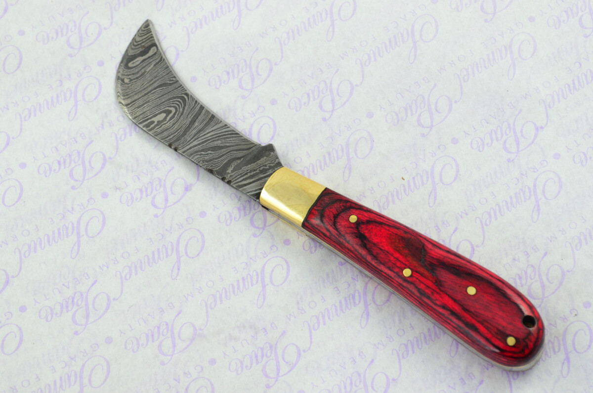 A Handmade Damascus Steel Pruning Pen/Pocket Knife - Red Laminate Wood Scales