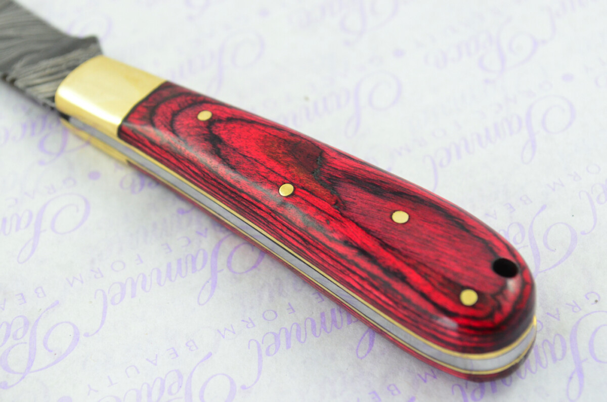 A Handmade Damascus Steel Pruning Pen/Pocket Knife - Red Laminate Wood Scales - Image 2