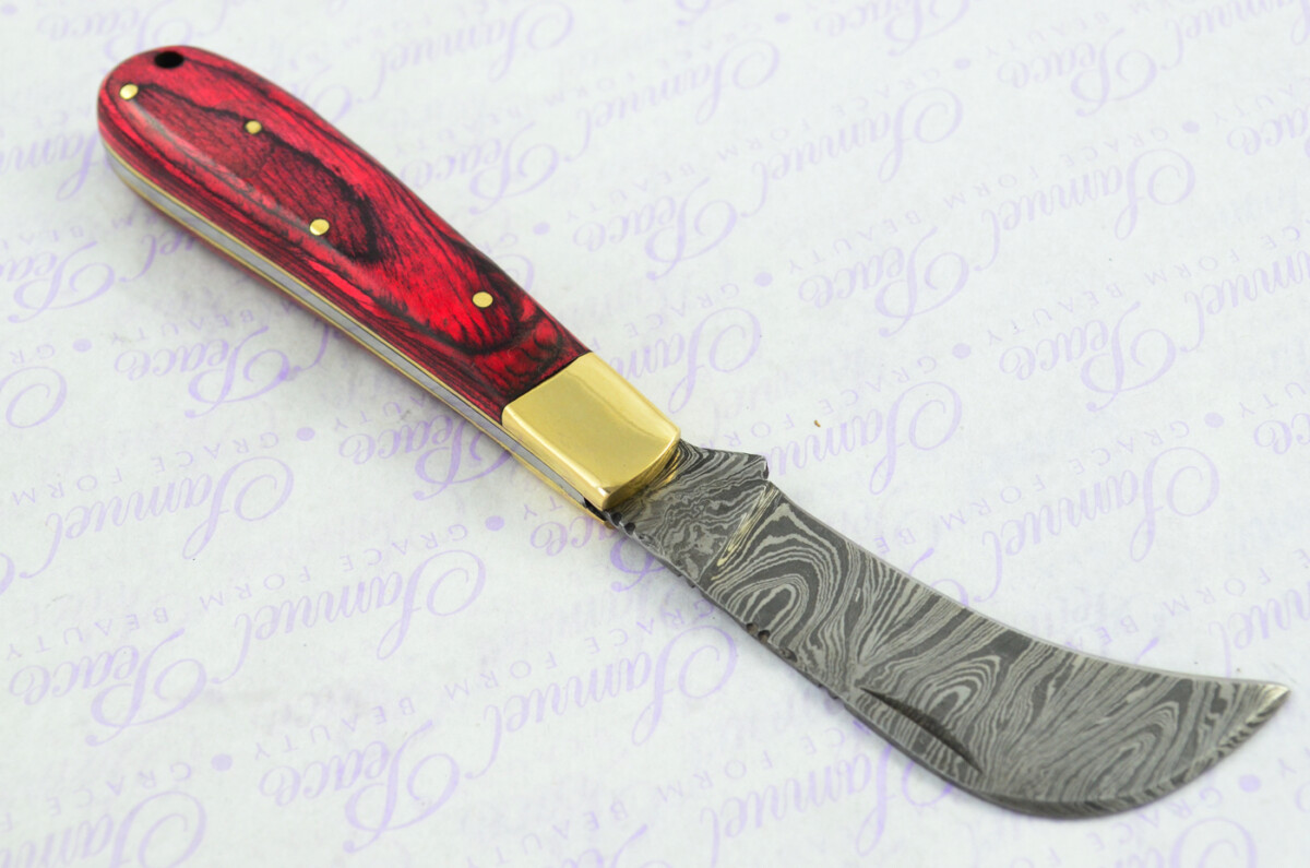 A Handmade Damascus Steel Pruning Pen/Pocket Knife - Red Laminate Wood Scales - Image 4