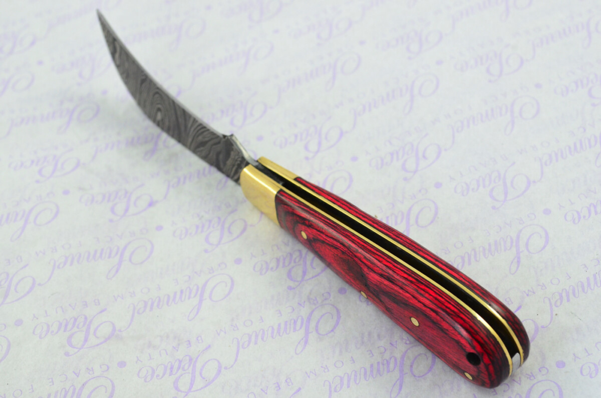 A Handmade Damascus Steel Pruning Pen/Pocket Knife - Red Laminate Wood Scales - Image 5