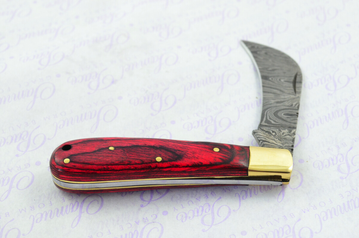 A Handmade Damascus Steel Pruning Pen/Pocket Knife - Red Laminate Wood Scales - Image 6