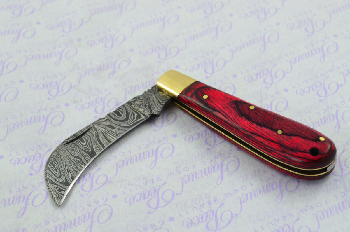 A Handmade Damascus Steel Pruning Pen/Pocket Knife - Red Laminate Wood Scales - Image 7