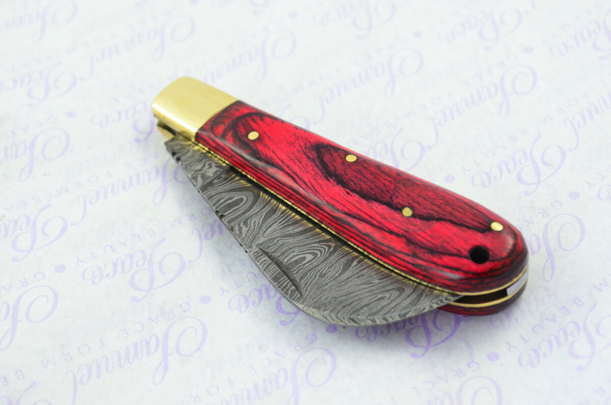 A Handmade Damascus Steel Pruning Pen/Pocket Knife - Red Laminate Wood Scales - Image 8