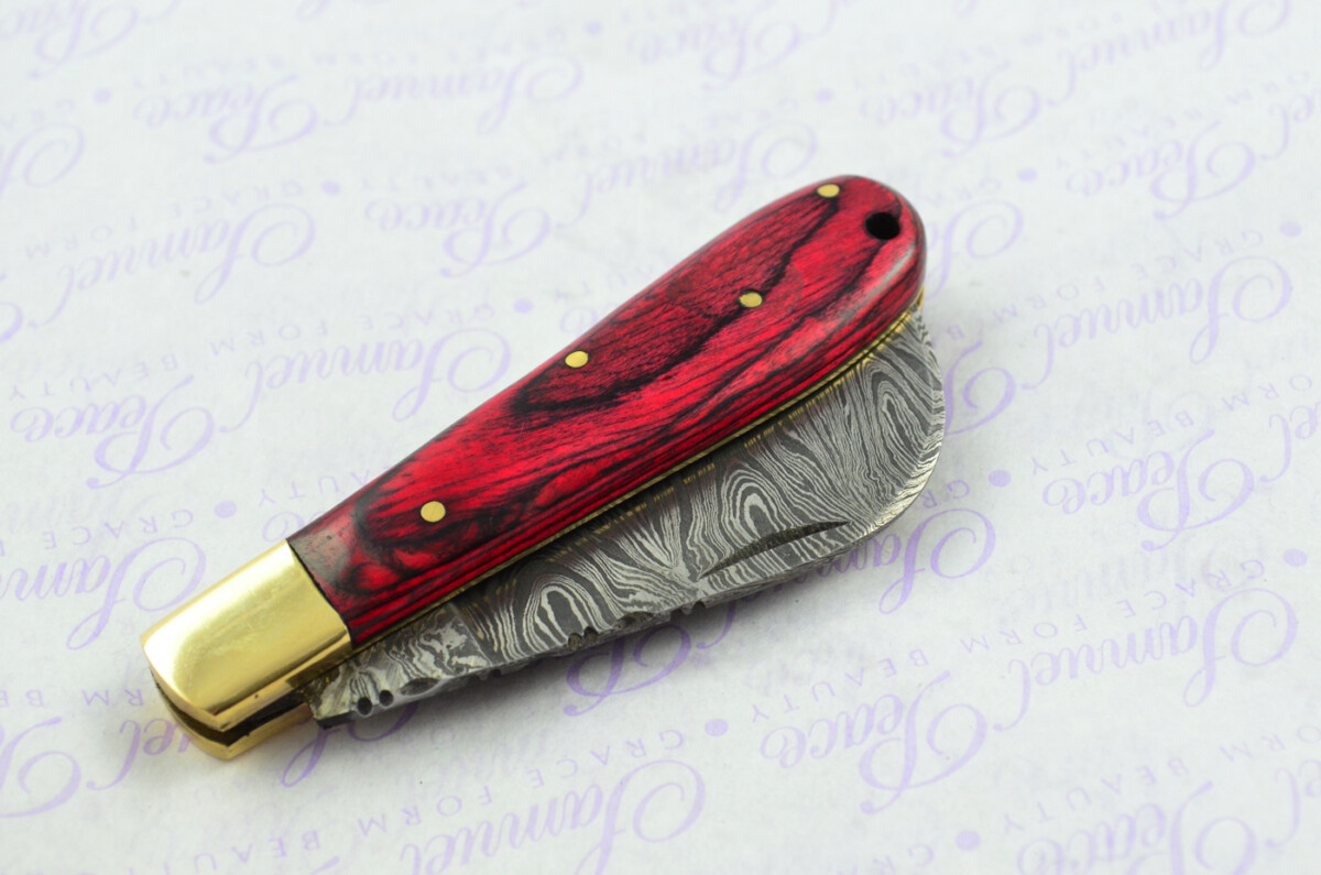 A Handmade Damascus Steel Pruning Pen/Pocket Knife - Red Laminate Wood Scales - Image 9