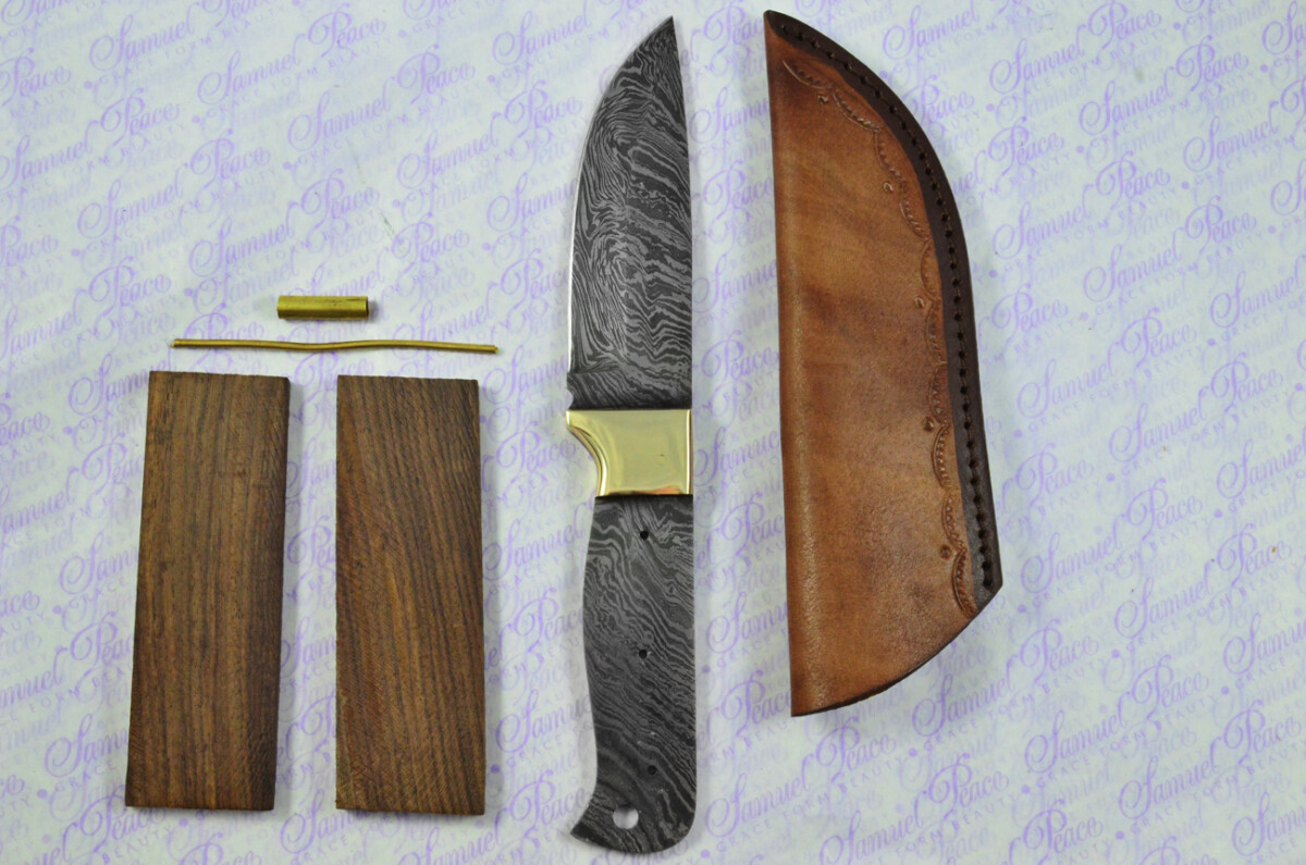 Knife Making Kit! Damascus Steel Hunting/Bowie Knife Rosewood Scales Brass Bolster inc Leather Sheath - Image 10