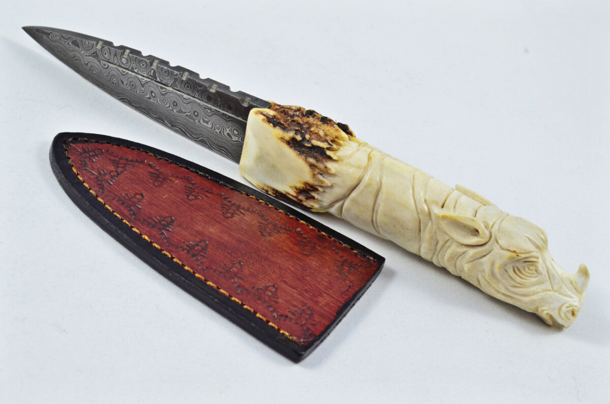 Amazing Bespoke Hand Carved Rhino Stag Horn Antler Handle Sgian Dubh Damascus Blade Sheffield England