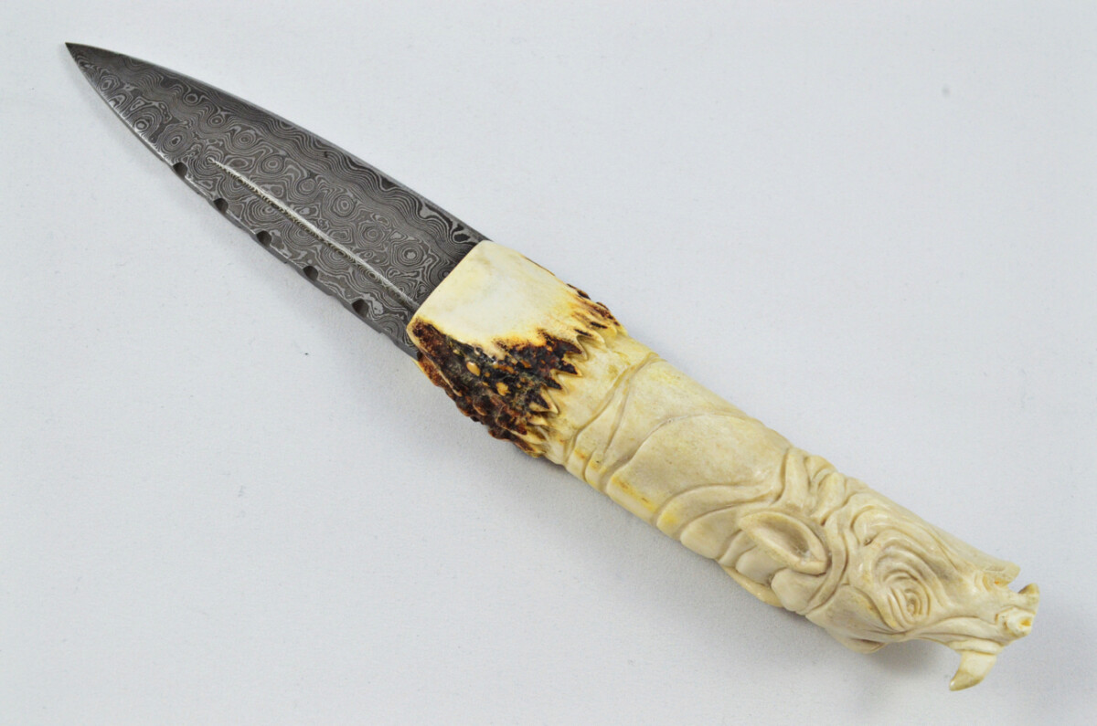 Amazing Bespoke Hand Carved Rhino Stag Horn Antler Handle Sgian Dubh Damascus Blade Sheffield England - Image 6