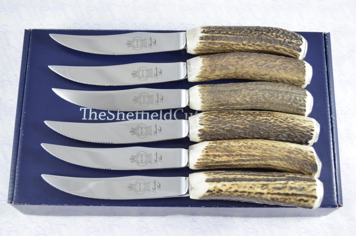 A Set of Six New Hump Back Genuine Stag/Antler Handle Steak Knives Made Sheffield England Boxed