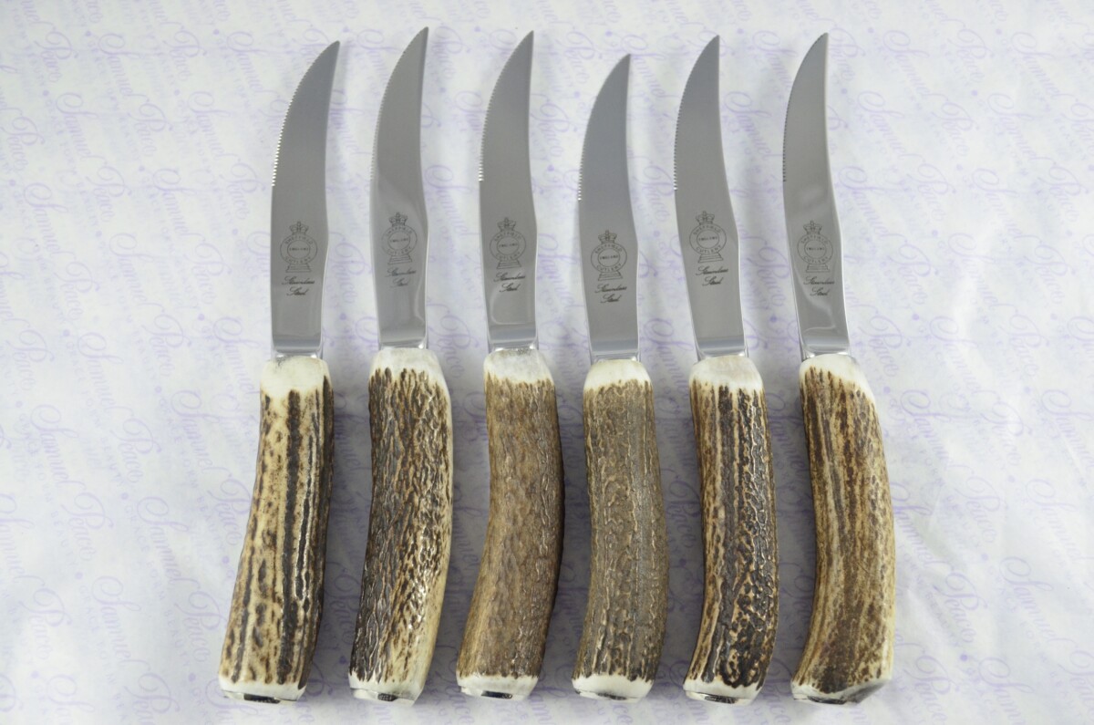 A Set of Six New Hump Back Genuine Stag/Antler Handle Steak Knives Made Sheffield England Boxed - Image 2