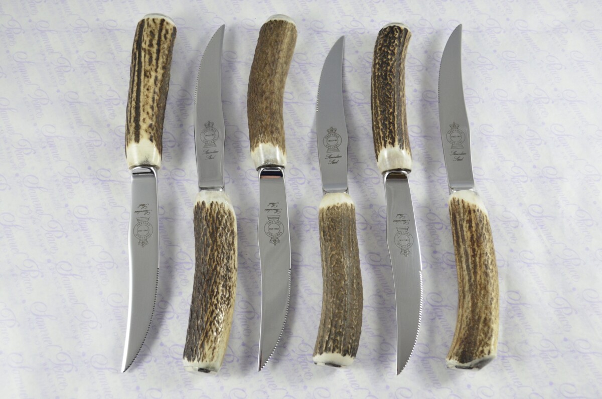 A Set of Six New Hump Back Genuine Stag/Antler Handle Steak Knives Made Sheffield England Boxed - Image 9