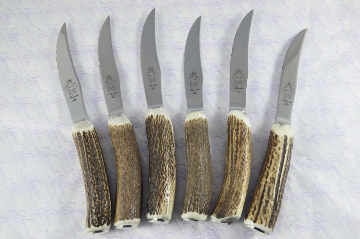 A Set of Six New Hump Back Genuine Stag/Antler Handle Steak Knives Made Sheffield England Boxed - Image 10