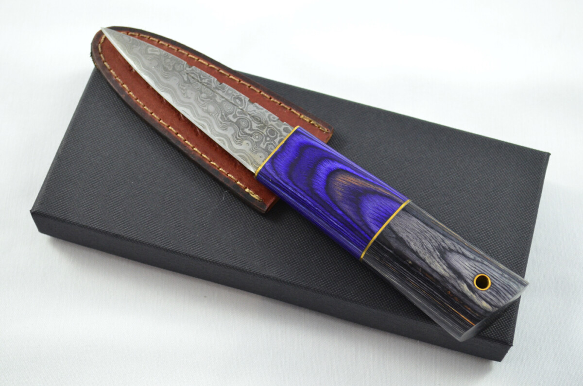 New Fantastic Coloured Laminate Sgian Dubh Damascus Steel Made in Sheffield England Superior Sheath inc Presentation Box