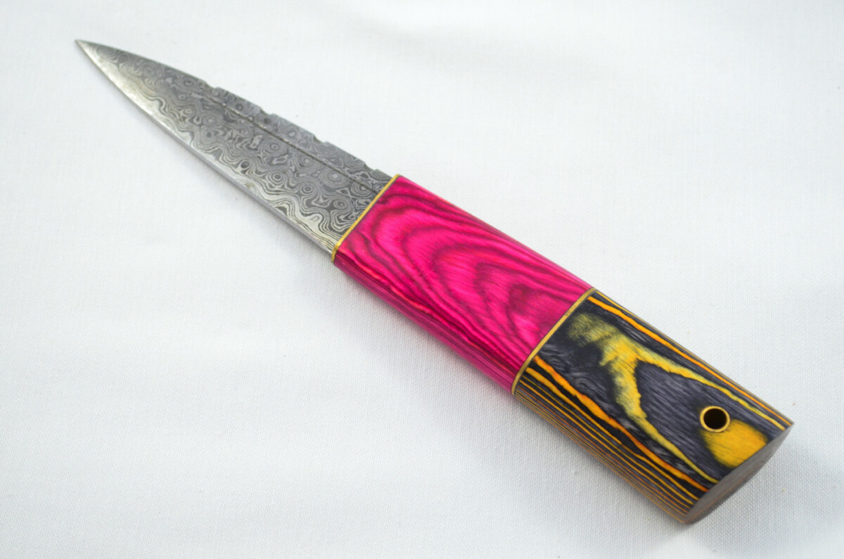 New Fantastic Coloured Laminate Sgian Dubh Damascus Steel Made in Sheffield England Superior Sheath inc Presentation Box - Image 2