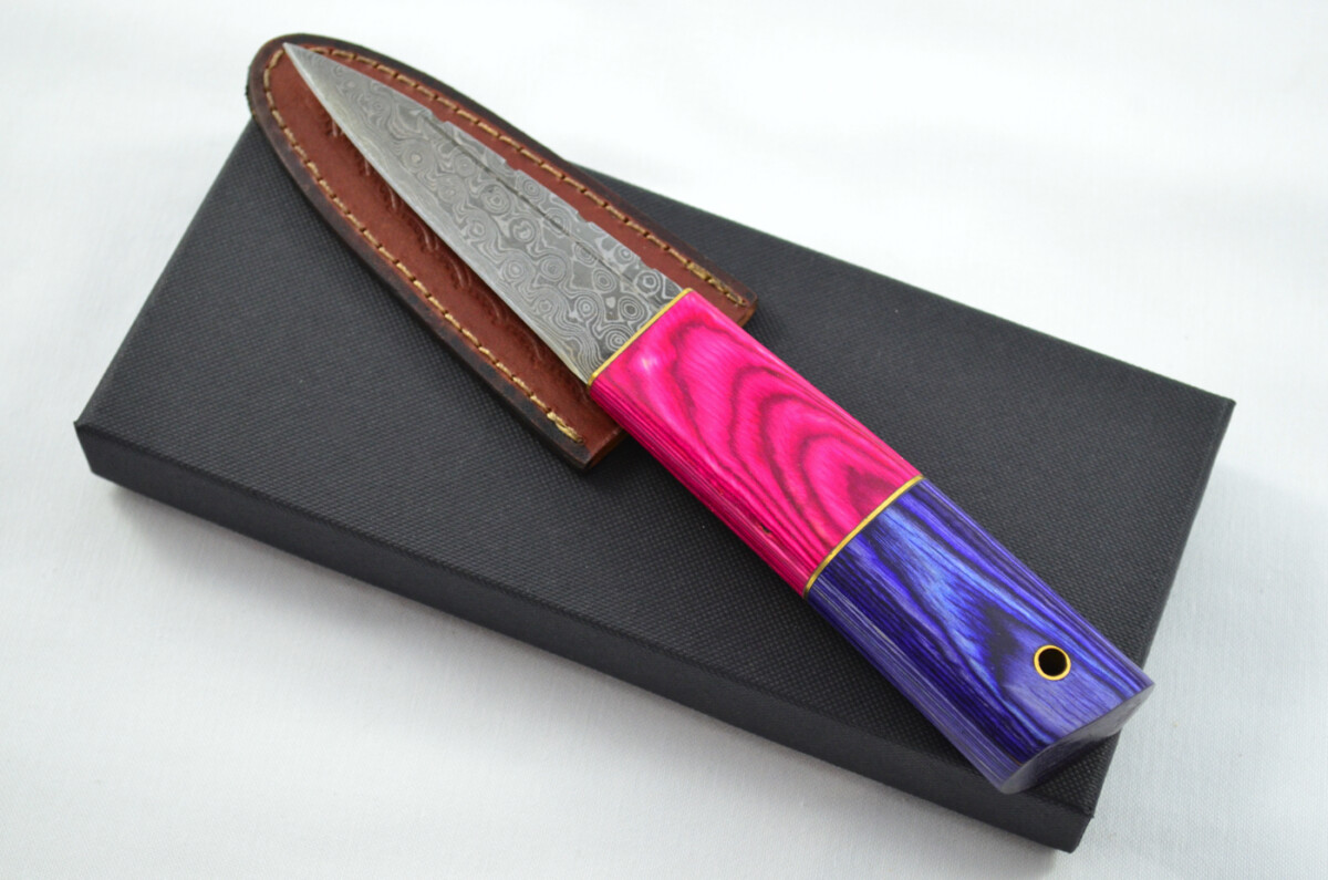 New Fantastic Coloured Laminate Sgian Dubh Damascus Steel Made in Sheffield England Superior Sheath inc Presentation Box