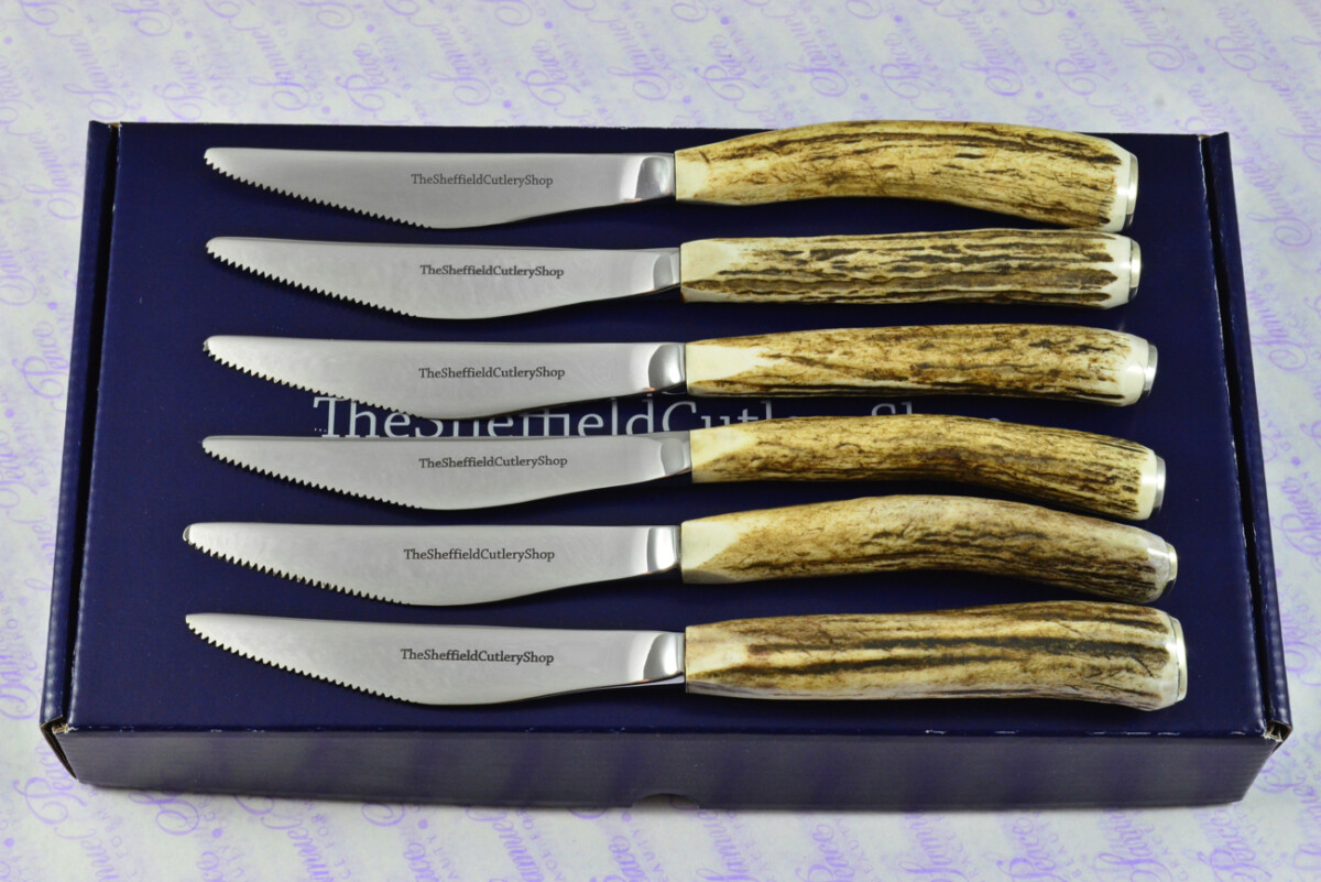 Coarse Serrate Six Genuine Stag/Antler Handle Steak/Bistro/Grill Knife Made Sheffield England Boxed