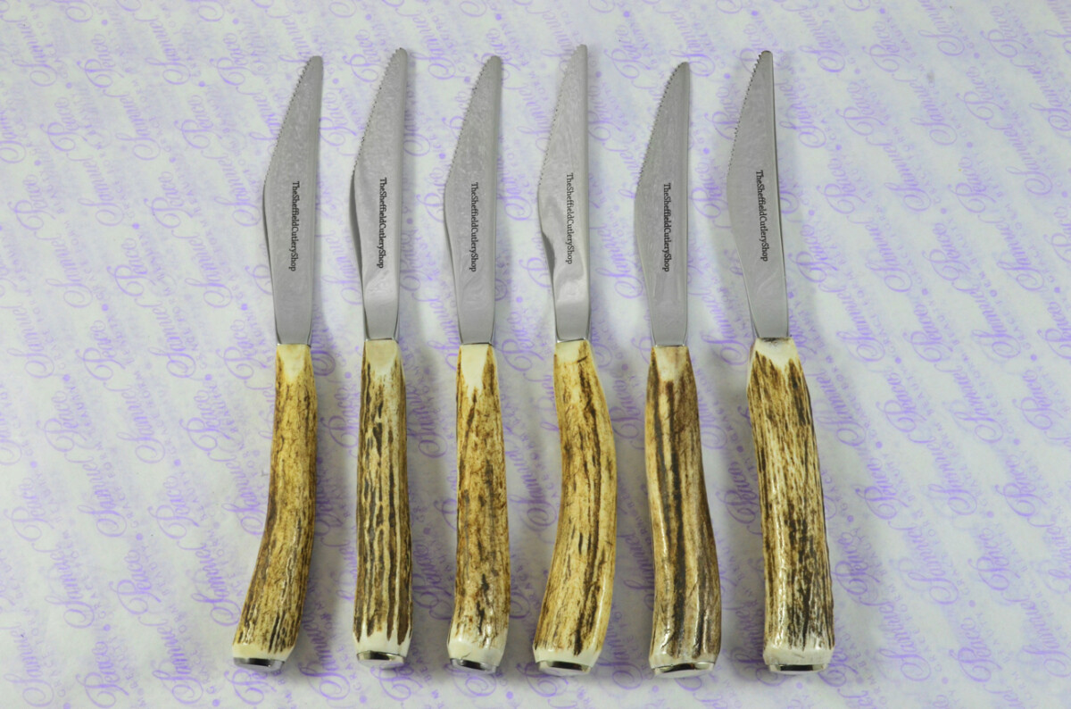 Coarse Serrate Six Genuine Stag/Antler Handle Steak/Bistro/Grill Knife Made Sheffield England Cased - Image 14