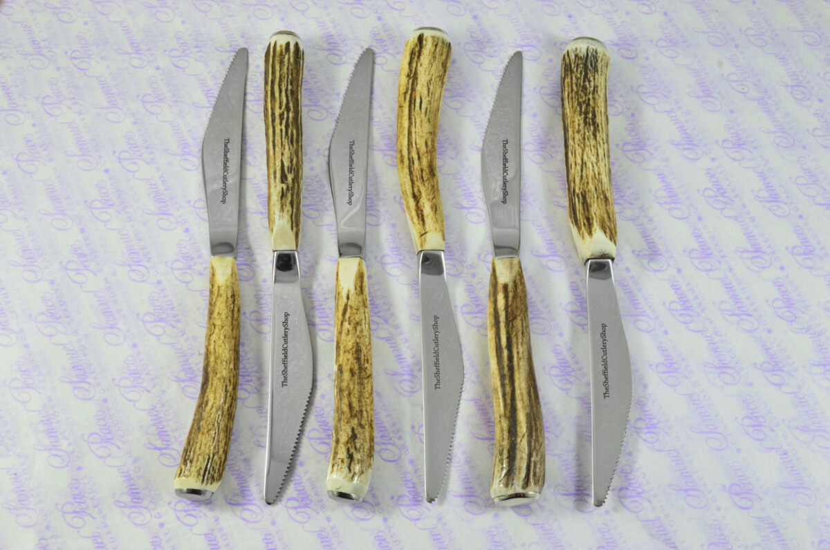 Coarse Serrate Six Genuine Stag/Antler Handle Steak/Bistro/Grill Knife Made Sheffield England Cased - Image 2