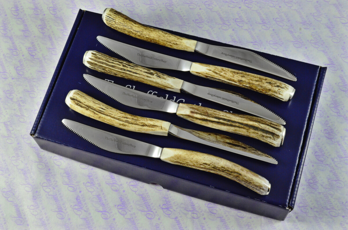 Coarse Serrate Six Genuine Stag/Antler Handle Steak/Bistro/Grill Knife Made Sheffield England Boxed - Image 13
