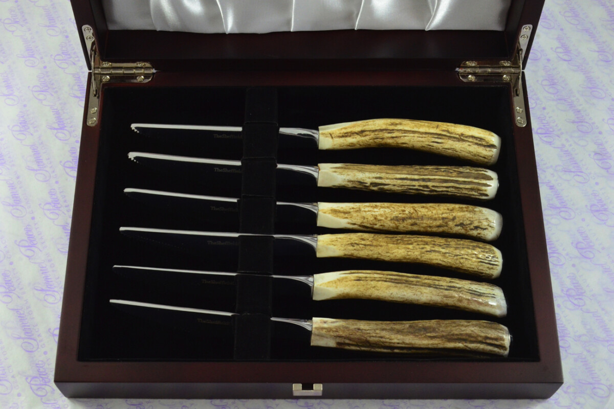 Coarse Serrate Six Genuine Stag/Antler Handle Steak/Bistro/Grill Knife Made Sheffield England Cased - Image 12