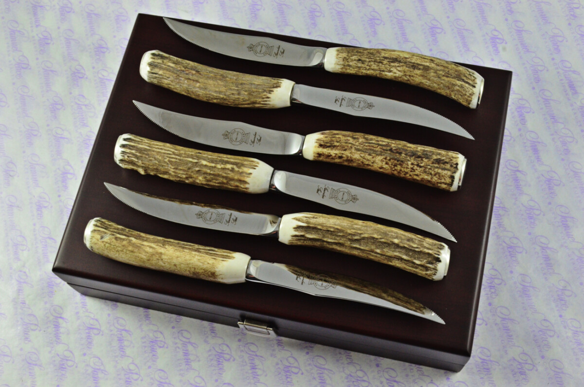 Brand New Six Wooden Cased Hump Back Genuine Stag/Antler Handle Steak Knives Made in Sheffield England - Image 13