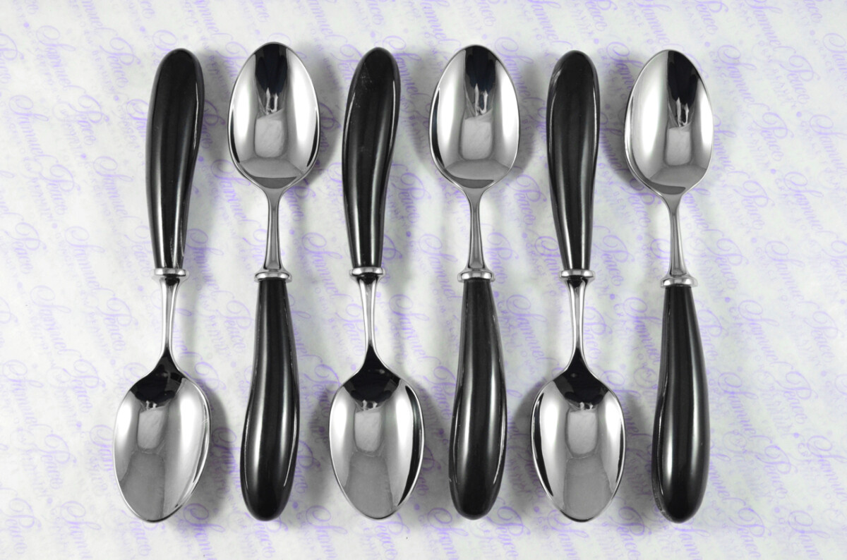 Six Brand New Genuine Water Buffalo Handle Dessert Spoons Made in Sheffield England - Image 2