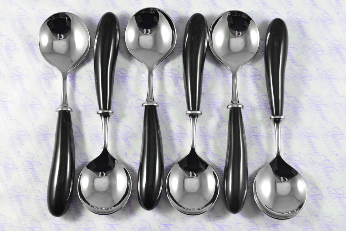 Six Brand New Genuine Water Buffalo Handle Soup Spoons Made in Sheffield England