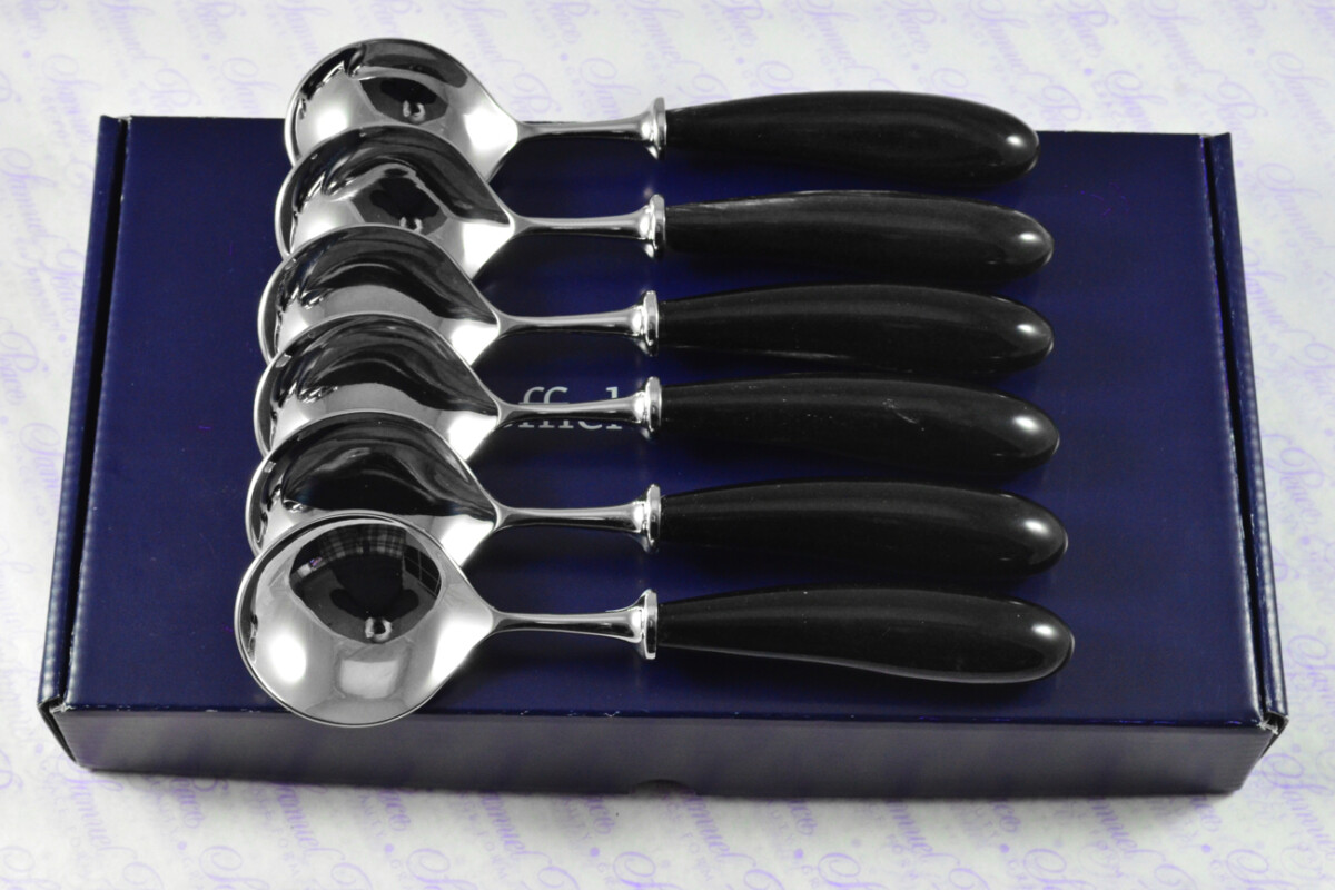 Six Boxed Brand New Genuine Water Buffalo Handle Soup Spoons Made in Sheffield England
