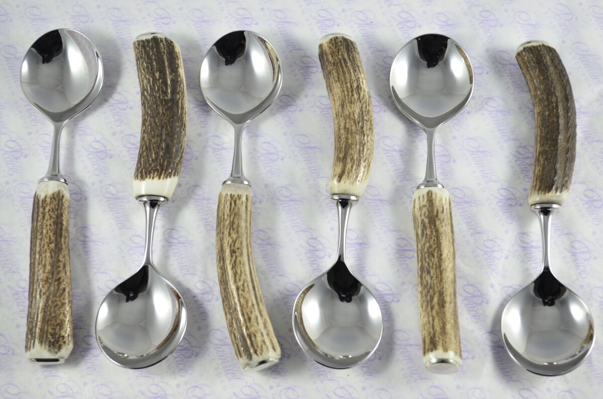 Six New Genuine Stag/Antler Handle Soup Spoons Boxed Made In Sheffield England - Image 9