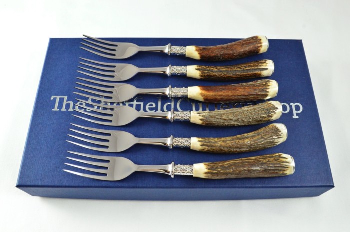 A Set of 6 Sheffield Silver Ferruled Steak Forks with Red Deer Stag Antler Handles – Classic Presentation Case