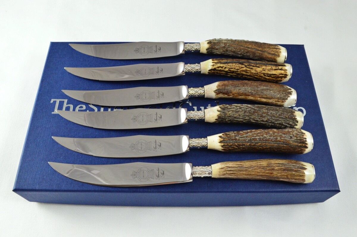 A Set of 6 Sheffield Silver Ferruled Steak Knives with Red Deer Stag Antler Handles – Classic Presentation Case